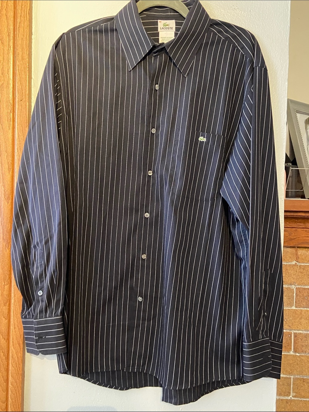 Lacoste Black white  Pinstripe Long-Sleeve Dress Shirt size 44 XL LIKE NEW